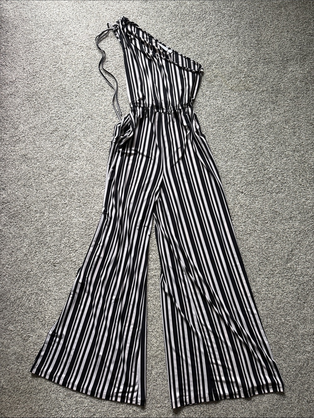 New York & Company Black and White Striped One-Shoulder Jumpsuit